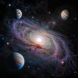 A very high resolution satellite picture of outer space, with lots of stars, planets, galaxies, and nebulas, very colorful, very realistic.