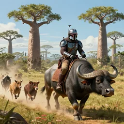 mandalorian riding a buffalo through madagascar with baobabs trees, animals chasing, action scene, an epic fantasy, artgerm and greg rutkowski and alphonse mucha, an epic fantasy, volumetric light, detailed, establishing shot, cinematic, photorealistic, hyper detailed, ultra realistic, trending on art station, octane render, midsommar