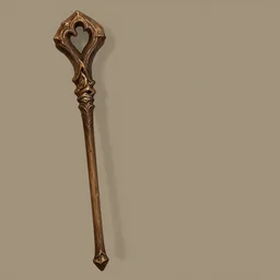 medium shot of an ornate wooden staff, fantasy illustration, medieval era, blank background, studio lighting, hand - drawn digital art