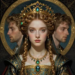 beautiful young medieval queen by chie yoshii, iris van herpen, jean delville, james jean, visionary, symbolist, detailed face portrait, ornate garments