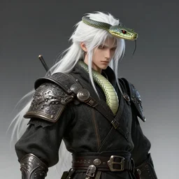 a white haired snake soldier with a snake head, fantasy, inspired by dark souls, 4 k
