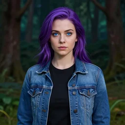 realistic depiction of abigail from stardew valley wearing black shirt under blue denim jacket, standing in a darkened forest, purple hair, detailed blue eyes, art by tan zi and artgerm and alphonse mucha and peter mohrbacher
