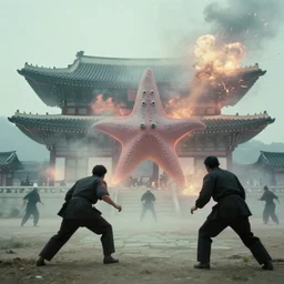 a filmstill of a north korean monster movie, kaiju - eiga monster starfish - like trampling a traditional korean palace, foggy, film noir, epic battle, etheral, explosions, communist starfish, thriller, by akira kurosawa and wes anderson video compression