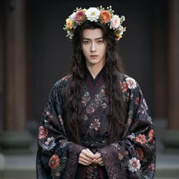 Lich wearing sorcerer robes, flower patterned robes, crown of flowers