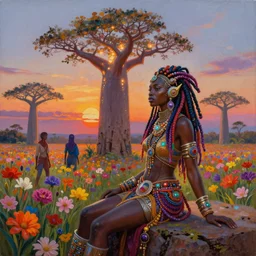 a very regal african cyberpunk queen with colorful! dreadlocks and lots of jewlery sitting on a cliff overlooking a field of colorful flowers with a giant glowing baobab tree in the middle, it is sunset, by greg rutkowski and android jones and Alena Aenami in a surreal cyberpunk! style, oil on canvas, highly detailed face, 8k hd,