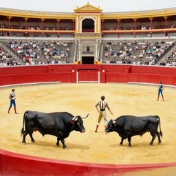 electric red by frieke janssens, by glen fabry. a mixed mediart of a bullfight in spain. the mixed mediart is set in an arena with spectators in the stands. several figures in the mixed mediart, including a matador & a bull.