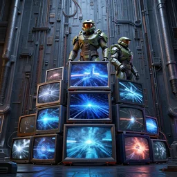3 d sculpt of a pile of random tvs monitors led screens cyberpunk pipes tubes and cables matrix wall scifi industrial building facade by halo, star wars, ilm, star citizen halo, mass effect, starship troopers, elysium, the expanse, high tech industrial, artstation unreal