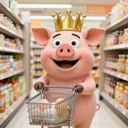 muppet pig wearing a gold crown shopping at a grocery store 8k
