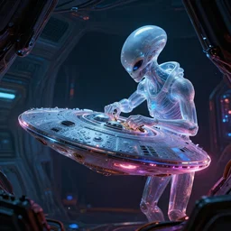 very dark colorful shining interior of alien futuristic spaceship. translucent alien is repairing saucer, contrast bump, texture displacement, sss, reflections, raytracing, raymarching, subsurface scattering, modern digital art, lucasfilm, by arthur haas, by stefan morrell, by alberto seveso