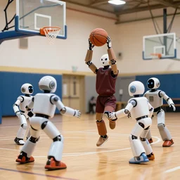 Robots playing basketball in a gym:: photorealistic:: 4K