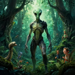 alien magic creature poster art, humanoid, lush forest, movie art, by lucusfilm, weta studio, tom bagshaw, james jean, frank frazetta alphonso mucha, norman rockwell, 8 k, denoised