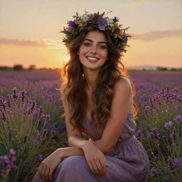 Fine art photo of the most beautiful woman, she is turquish, she is posing while maintain a sweet eye contact to the camera, she has a crown of flowers, she has perfect white teeths, she is sitting on a field of lavader, she is getting ulluminated by the rays of the sunset, the photo was taking by Annie Leibovitz, Ellie Victoria Gale, Steve McCurry, matte painting, oil painting, naturalism, 4k, 8k