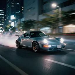 photo of a porsche 911 at night drifting through a city, cinematic, 4k, long exposure photography, tokyo drift, fast and furious, film still, night photography, motion blur, lens flare, movie shot, light trail, distortion, wide angle