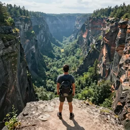 pov shot, standing on a cliff and looking into a huge canyon filled with beautiful forest, game ark survival evolved style, watercolor