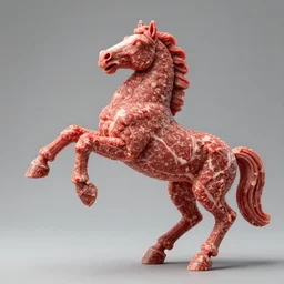 a high detailed sculpture of a horse, rearing dramatically made out of raw hamburger, by michelangelo