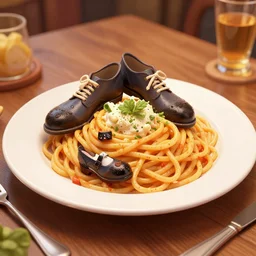 spaghetti with shoes on a plate restaurant artstation digital art high detail 4 k ultra detailed stylish art