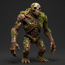 fossilized humanoid creature covered with moss and rust, digital art