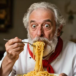 extremely detailed portrait of old italian cook, spaghetti mustache, slurping spaghetti, spaghetti in the nostrils, spaghetti hair, spaghetti beard, huge surprised eyes, shocked expression, scarf made from spaghetti, full frame, award winning photo by kenneth willardt