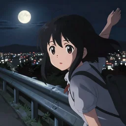 anime visual, dark portrait from a distance of a cute girl sightseeing above the city at night, guardrails, moon, face by ilya kuvshinov, yoshinari yoh,, moody, dynamic perspective pose, detailed facial features, kyoani, rounded eyes, crisp and sharp, cel shade, lomography, makoto shinkai