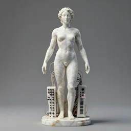 a statue made of white marble with gold veins, of a modular synthesizer with wires and knobs and flashing lights, transhumanism, full body shot, perfect symmetrical body, perfect symmetrical face, hyper realistic, hyper detailed, by johannen voss, by peter kemp, by monia merlo, by michelangelo, by ernst haeckel, by alex grey, octane render, blender, 8 k