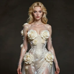 neoclassical hyperrealistic 8 0 mm portrait of a blonde liquid woman high detail blue eyes woman with a beautiful body dressed with a majestic semi transparent silk cream roses long dress, ornate, intricate, detailed, dramatic light, award winning, artstation, octane render, meredit frampton style