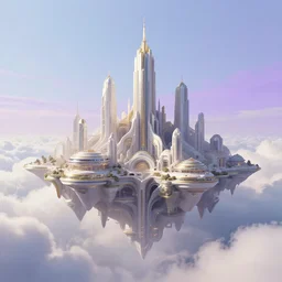 island city floating on top of the clouds with futuristic architecture, style of asgard, light blue, purple sky, gold, silver, and light grey, desaturated, pastel colors, matte painting, style of jordan grimmer, digital painting, trending on artstation, high detail, volumetric lighting, godrays
