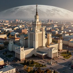 an Eastern European Soviet blocky capitol city on the moon bird’s eye view, sunrise, long shadows, trending on Artstation HD, photorealistic, stunning, award winning photo