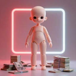 bjd doll with a lot of money, fluent composition, red and white neon, concept art, ambient light, 4 k, intricate details, highly professionally detailed, cgsociety, highly detailed -