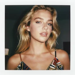 polaroid of a olive skinned blonde female model in her twenties, m, wearing a designer top, looking content, focused on her neck, photo realistic, extreme detail skin, natural beauty, no filter, slr, golden hour, 4 k, high definition, selfie
