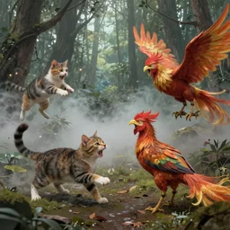 A series of angry cats fighting with phoenix dogs in a murky forest with volumetric fog in the style of louis wain high detail trending on artstation octane render impasto
