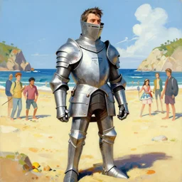 greg manchess painting of tracer wearing a knight armor in a beach, medium shot, organic painting, sunny day, bold shapes, hard edges, street art, trending on artstation, by huang guangjian and gil elvgren and sachin teng and artgerm and greg rutkowski and alphonse mucha