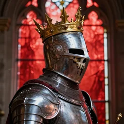 detailed side - view portrait of a knight, kaldor helmet, skull - shaped visor, royal crown with big spikes, plate armor, gothic stained glass window, shiny red background, very masterful, backlit