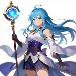 a beautiful anime character wizard with free flowing hair holding a staff that has a glowing blue orb at the head of it high detail, high resolution