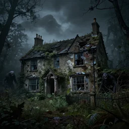 photorealistic, ruined english bungalow, overgrown vegetation, in the forest, apocalypse, night, dark, fog, evil creatures, hell scape, horrifying, hyperrealistic, grimdark, artstation