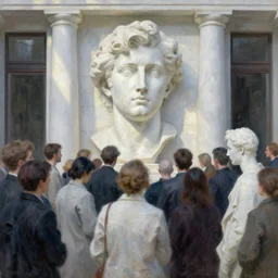 crowd of people made of white marble, exterior office, portrait face, caustics, light rays, in the style of matt murphy, enes dirig, jeremy enecio, intricate, miles johnston, monet, cynical realism, john william godward, painterly, yoshitaka amano, miles johnston, louise zhang, matt murphy, enes dirig, pekka halonen, finnish naturalism, realism