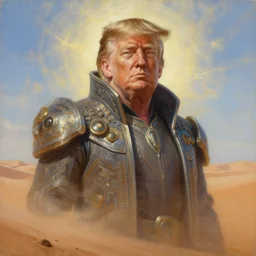 portrait oil painting, perfect expression, subconscious connects, purified consciousness, dune, farscape, emperier god king donald j trump, fantasy character portrait, ultra realistic, wide angle, intricate details, mass effect, artifacts, luminous skies, highly detailed, michael cheval, peter mohrbacher, boris vallejo, jessica rossier, oil painting, highly detailed, cinematic lighting, unreal, natural tpose