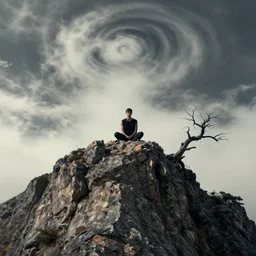 a prince meditating on the top of a rocky mountain, a dead tree and swirly clouds in the background, art by James Jean and Wayne Barlowe and moebius, high details ,  contrasted colors, cinematic, cgsociety 8k