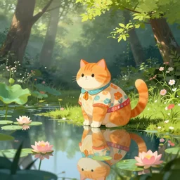 a fat orange cat near a mirror like pond, by alan lee, colorful clothing, springtime flowers and foliage in full bloom, lotus flowers on the water, dark foggy forest background, sunlight filtering through the trees, digital art, art station.