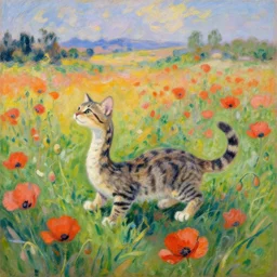 snake shaped tabby kitten playing at poppy field, monet painting, impressionist painting, caillebotte painting, manet painting, landscape s - 1 0 0
