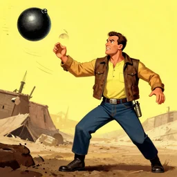 fallout propaganda still of danny trejo throwing a bomb like a football, cartoon, 1 9 5 0 s