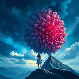 closeup giant dahlia head, girl standing on mountain, surreal photography, blue storm clouds, dramatic light, impressionist painting, digital painting, artstation, simon stalenhag