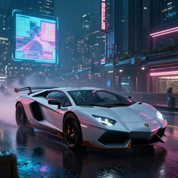 an establishing long shot of a futuristic flying lamborghini in a cyberpunk city at night, hologram ads and neon signs on building rooftops, rainy environment, 8 k, hyper detailed, ultra realistic, sharp focus, in the style of blade runner