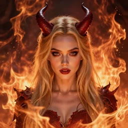 evil pretty blond girl demon spawn surrounded by fire tornadoes, flawless symmetrical pretty cute face, ana de armas, greg rutkowski, 8 k, shallow depth of field, intricate detail, concept art,