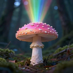 mushroom with it's stem white, and the top of the mushroom pink with rainbow spots portraying rays of light in the middle of the night forest, 4k, digital art, ambient lighting