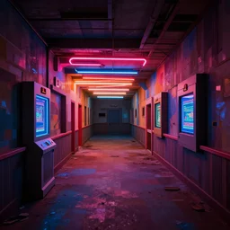abandoned movie theatre hallway, high contrast neon lighting, playstation 1 game, low poly graphics