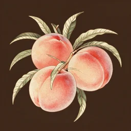 a botanical illustration of peaches and thin leaves, dark brown background, vintage illustration, pinterest, tumblr, flickr