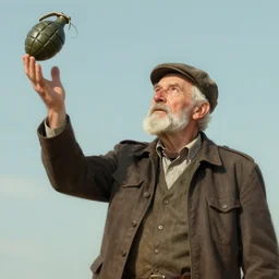 old man portrait, throwing hand grenade, greg rutkowski art