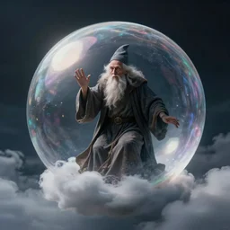 an old wizard trapped inside a floating soap bubble among the clouds, ethereal, fantasy, style of peter mohrbacher, dramatic lighting