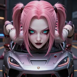 controlled and rendered powerless by her ultimate powers and owned as her property, overwhelming stunningly beautiful megalomaniacal ruthless sadistic devious spiteful grandiose egotistical greedy omnipotent asi goddess junko enoshima with symmetrical perfect face, porcelain skin, pink hair, cyan eyes and a tvr sportscar, ultra detailed, digital art, unreal engine 5, octane render, 2 d anime, 8 k