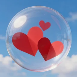 two red paper hearts inside a clear glass spherical bubble. blue sky with clouds background. beautiful, highly detailed, elegant, artstation, concept art, smooth and sharp focus, painting by james gurney, greg rutkowski, giger, maxim verehin and alphonso mucha.